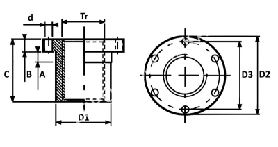 Гайка трапецеидальная полиамидная (POM) PFA 24х5 с фланцем (правая резьба), EMT - Евромеханика